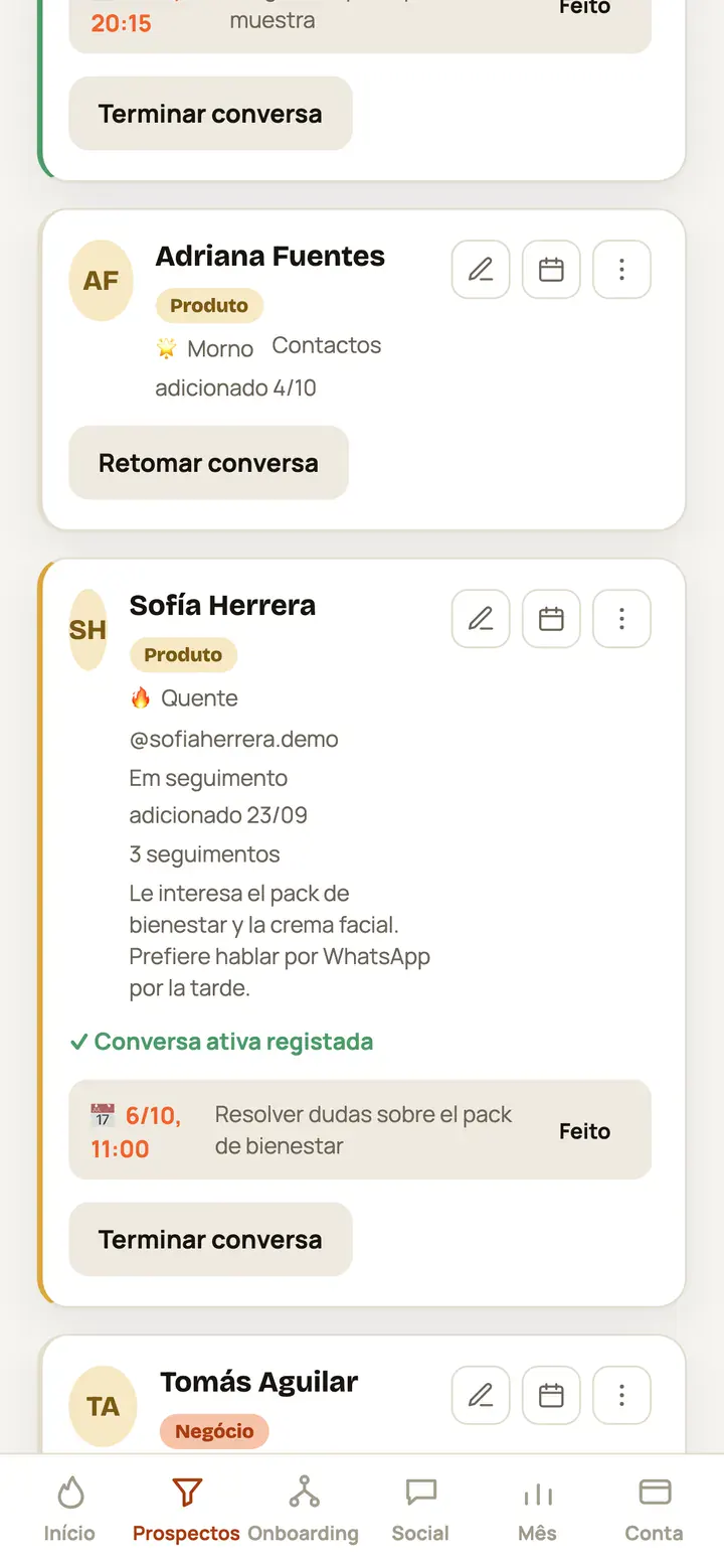 Tela do CIVENDI: Cada contato com o próximo passo